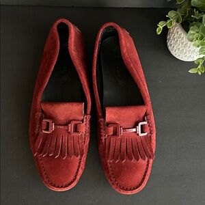Tod’s Red Suede Loafers with Fringe Detail